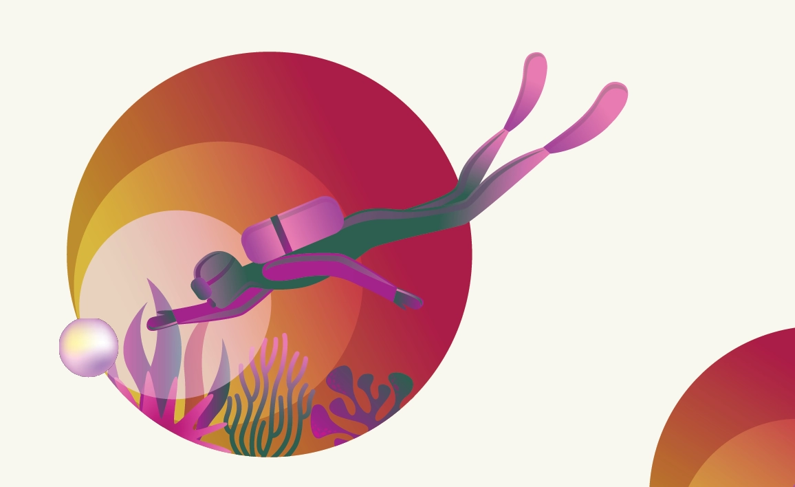 Illustration of scuba diver reaching for a large pearl